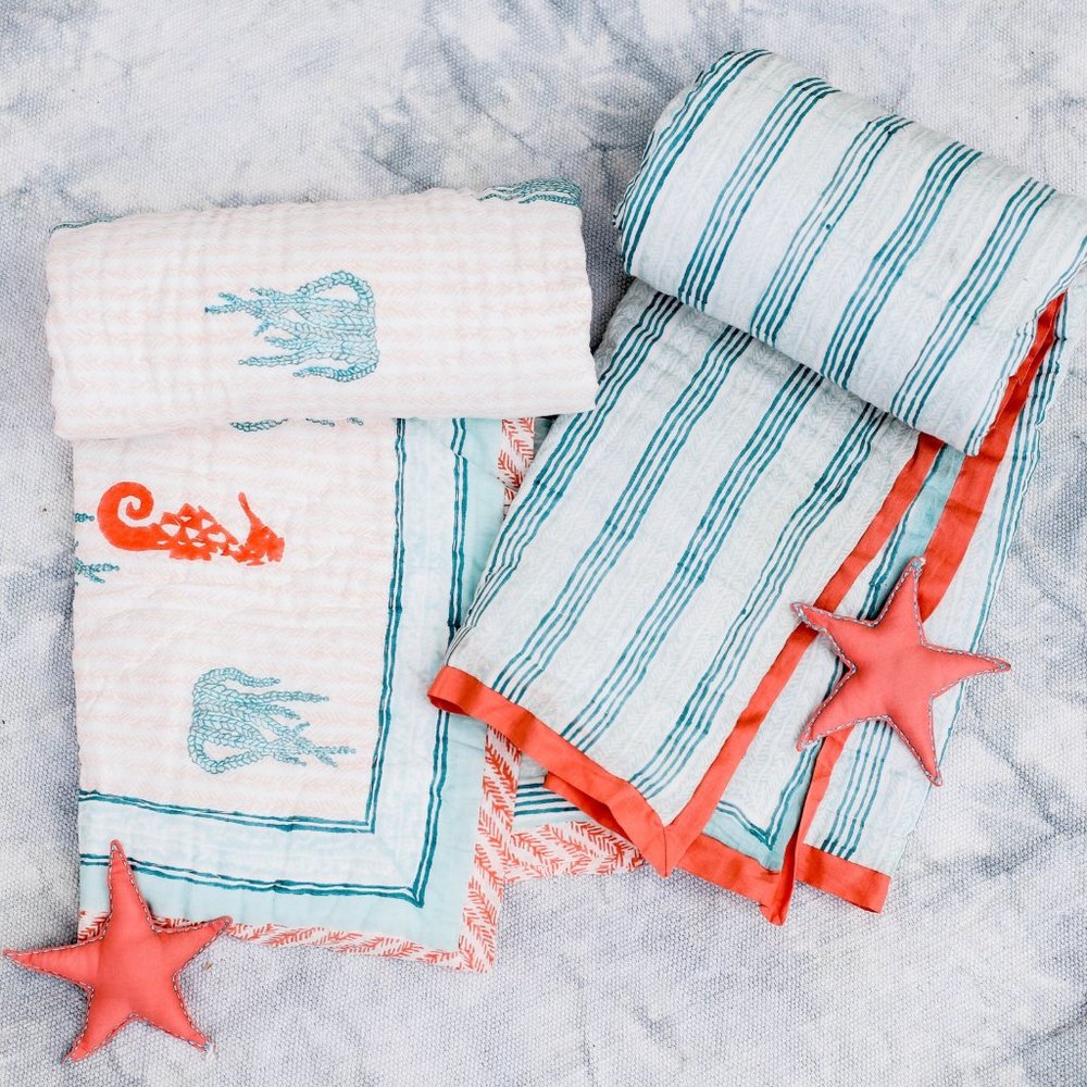 BRAND NEW Floating In A Sea –Hand Block Print Reversible Cotton Quilt
